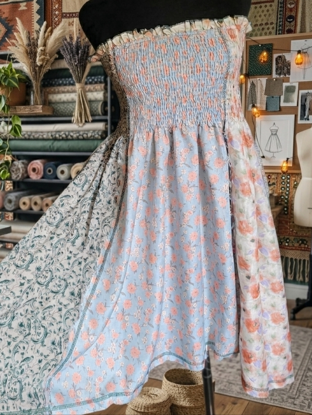 POL Smocked Strapless Patchwork Floral Sundress Or Skirt Light Blue and Peach M